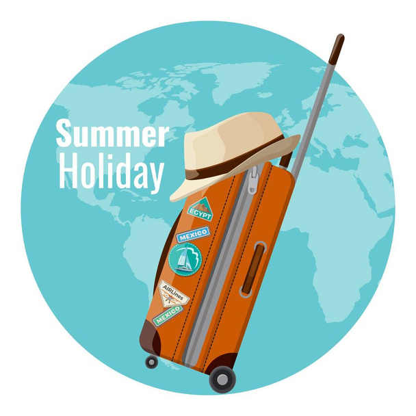 Letní dovolená promo banner s kufrem a čepice - Vektor, obrázek