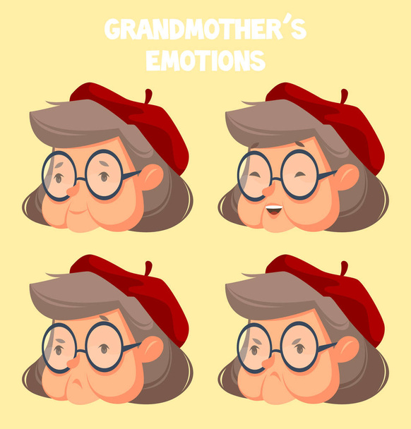 wektor ilustracja projekt starszy emocje kobieta i babć w czerwony kapelusz na żółtym tle - Wektor, obraz