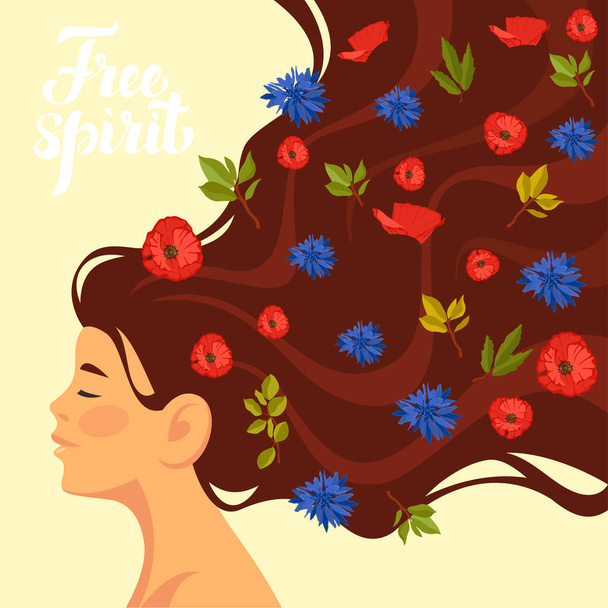 Vektor Illustration Design der netten Frau mit Blumen in langen Haaren auf gelbem Hintergrund mit Text Freigeist  - Vektor, Bild