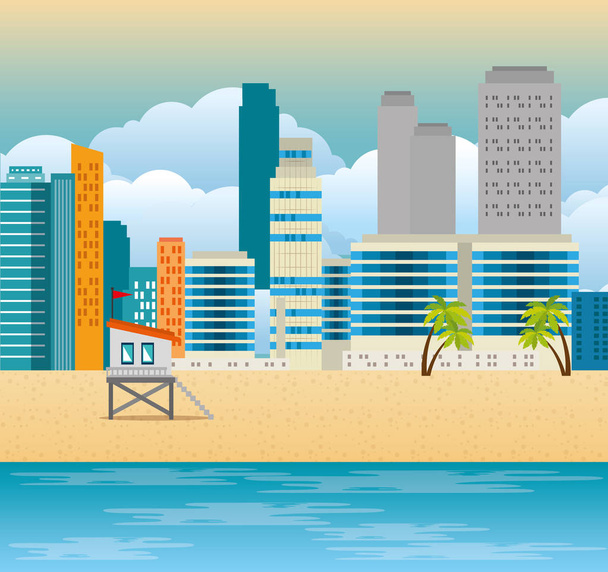 miami playa paisaje urbano escena
 - Vector, Imagen