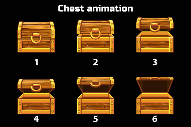 木製箱、ゲーム アセットが開閉アニメーション ステップ バイ ステップ - ベクター画像