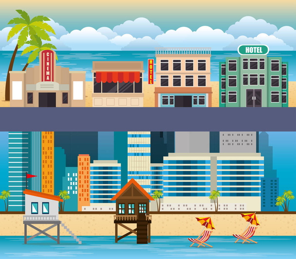 マイアミ ・ ビーチの景観シーンの設定 - ベクター画像