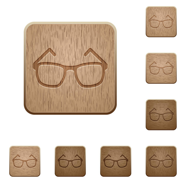 Gafas graduadas en estilos redondeados cuadrados tallados botón de madera
 - Vector, Imagen