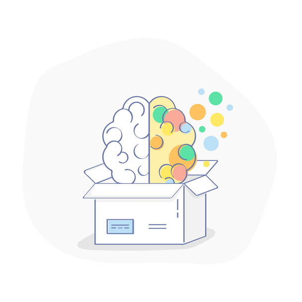 Flat line icon concept of Creativity, Inspiration, idea and imagination, innovation and discovery, think outside the box. Left and right hemisphere of human brain in open box. - Vector, Image