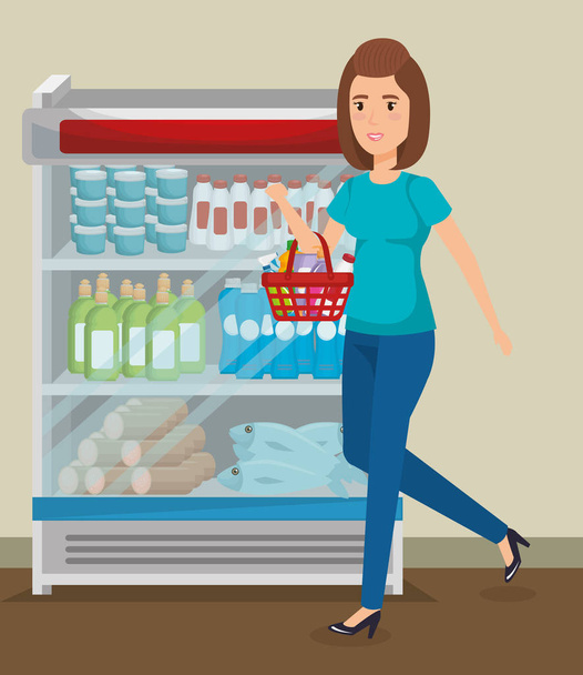 prateleiras de supermercado com mulher comprando
 - Vetor, Imagem