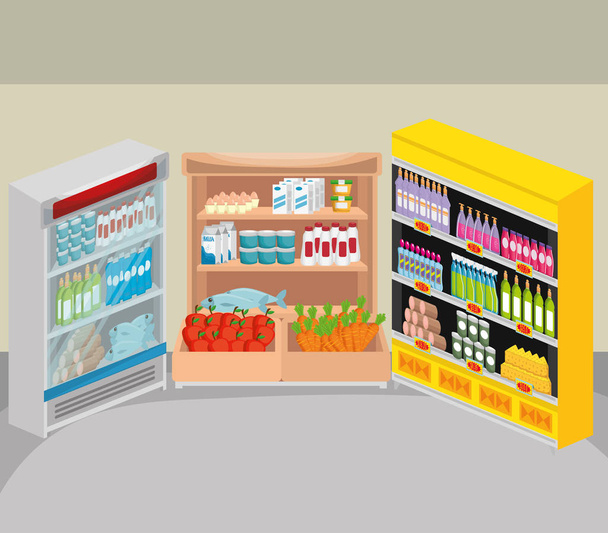 supermarkt shelvings met producten - Vector, afbeelding
