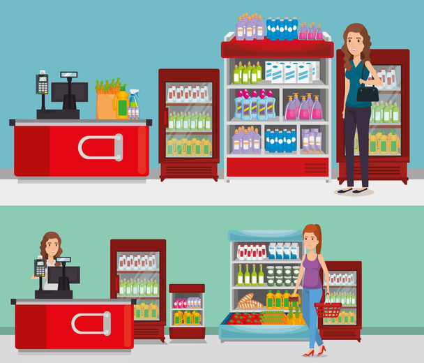 supermarket shelvings with people buying - Vector, Image