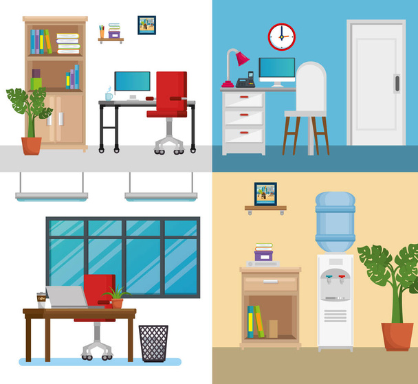 office workplaces set scenes icons - Vector, Image