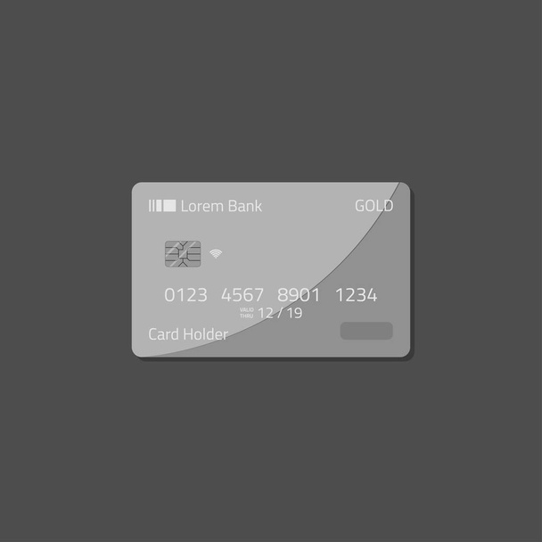 Φόρμα πλαστικό κατάθεση πιστωτικής κάρτας Τράπεζας σε γκρι αποχρώσεις, διακοσμημένα σε σκούρο γκρι φόντο. Ένα πρότυπο κάρτα με τσιπ και ασύρματη σύνδεση. - Διάνυσμα, εικόνα