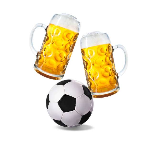 Two glasses with beer and soccer ball isolated on a white background - Φωτογραφία, εικόνα