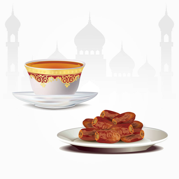 Datums vruchten met Arabische koffiekopje geïsoleerd op een witte pagina. Ramadan iftar voedsel - Vector, afbeelding