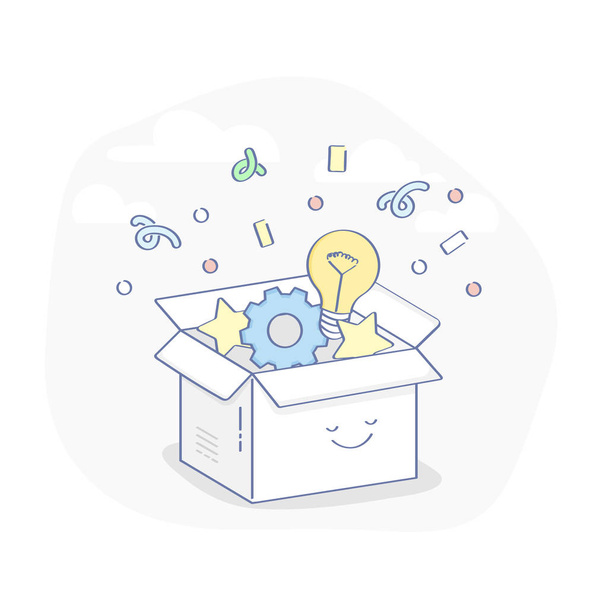 Think outside the box or new Idea Generation. Cute cartoon smiley open box with Confetti, Gear and Light Bulb. Flat line isolated vector, UX / UI element for web and mobile design - Vector, Image