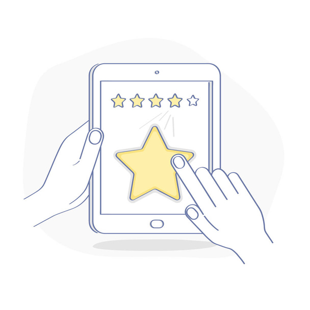 Review, feedback, increase rating or ranking of app, evaluation, and classification concept. Customer review rating on the tablet, smartphone review stars with good rate, concept of testimonial message, feedback. Flat outline vector illustration. - Vektori, kuva