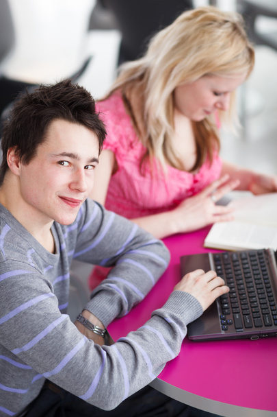 Два студента колледжа весело учатся вместе, используя ноутбук
 - Фото, изображение
