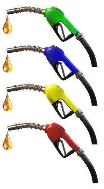 3d renderização de um conjunto de mangueira de bico de combustível, vermelho, verde, amarelo e azul com gota de óleo, isolado em fundo branco com caminhos de recorte
. - Foto, Imagem