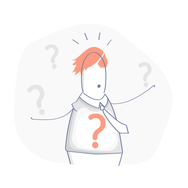 Cartoon character in doubt, he wonders, has problems and surrounded by question marks. Support, help and FAQ illustration concept. Flat line UX / UI element for web and mobile design. - Vector, Image