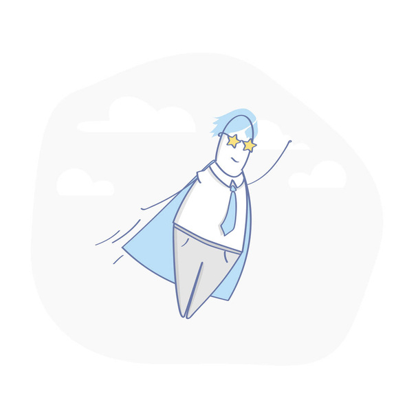 スーパー ヒーローは、空のビジネスの男性を飛んでいます。力、成功、克服する難しさの概念。フラットのアウトラインの漫画のキャラクター、Ux/web およびモバイル デザインの Ui 要素. - ベクター画像