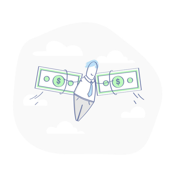 Geld gibt Chancen Metapher Konzept, Cartoon-Geschäftsmann fliegt mit Flügeln aus Geld gemacht. Symbol für erfolgreiches profitables Geschäft, Investitionen, Umsetzung von Gründungsideen, finanzielles Wachstum. - Vektor, Bild