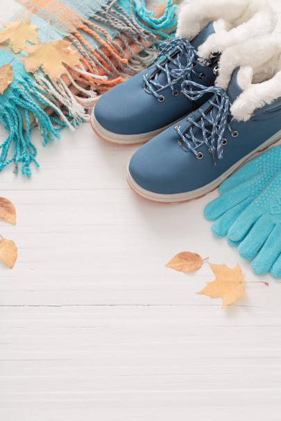 blue winter shoes and gloves on white wooden background - 写真・画像