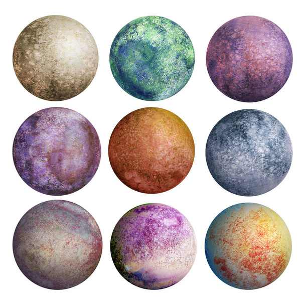 Set of watercolor colorful planets isolated on white background. Watercolour hand drawn abstract planet balls magic art work illustration. Colorful abstract geometric round shape sphere disc disk - Vektor, Bild