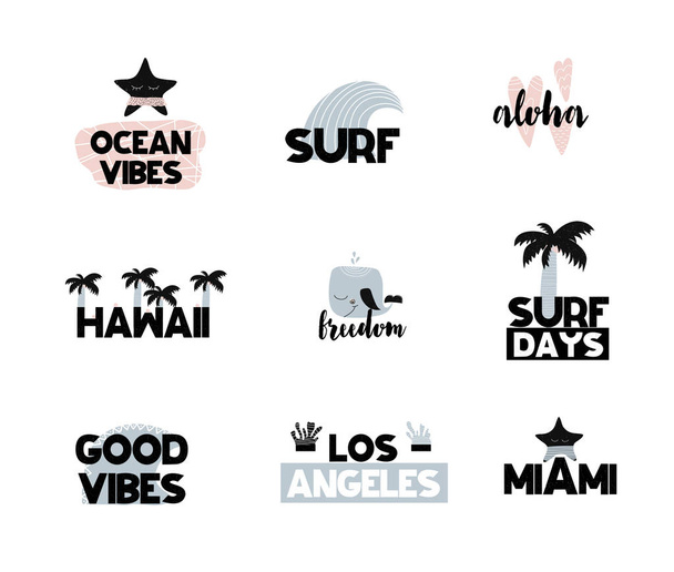 Etiquetas de verão, logotipos, etiquetas desenhadas à mão e coleta de elementos para férias de verão, viagens, hawaii, palma, surf, férias na praia, sol,. Vetor
 - Vetor, Imagem