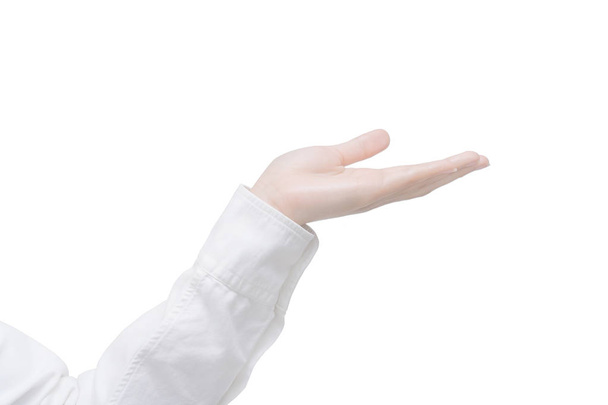 Female hand isolated on white background with clipping path. Hand action for showing something your banner or your product. - Foto, imagen