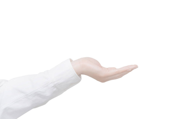 Mão feminina isolada em fundo branco com caminho de recorte. Ação manual para mostrar algo seu banner ou seu produto
. - Foto, Imagem