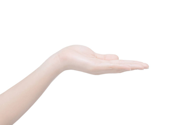 Женская рука изолирована на белом фоне с вырезкой пути. Ручное действие для показа своего баннера или продукта
. - Фото, изображение