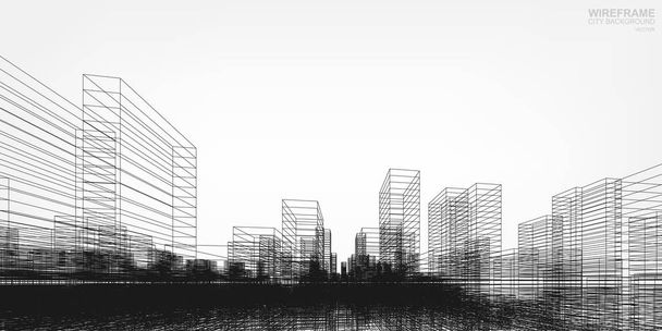 Perspektive 3D-Rendering von Gebäude-Wireframe. Vektor Wireframe Stadt Hintergrund des Gebäudes. - Vektor, Bild