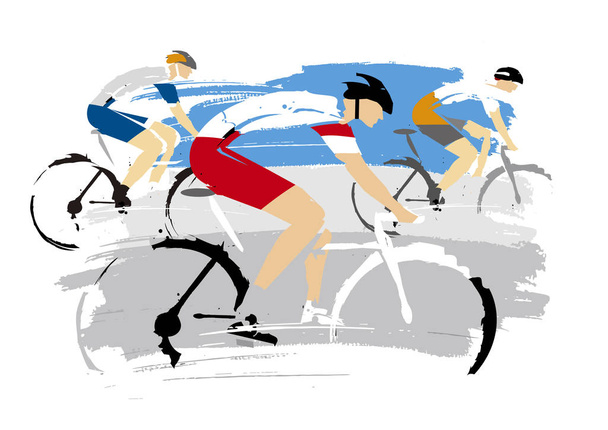 Велосипедна гонка, гранж стилізований. Ілюстрація трьох велосипедистів на повній швидкості на інсульті пензля гранжевий фон. Імітація малювання рук. Вектор доступний
. - Вектор, зображення