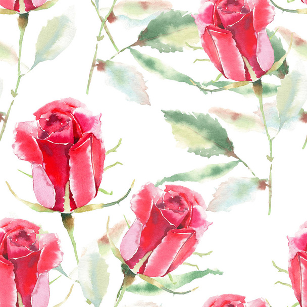 Beautiful bright sophisticated wonderful lovely spring summer floral herbal botanical bright red rustic roses with green leaves pattern watercolor hand sketch. Perfect for cards, textile - Photo, image