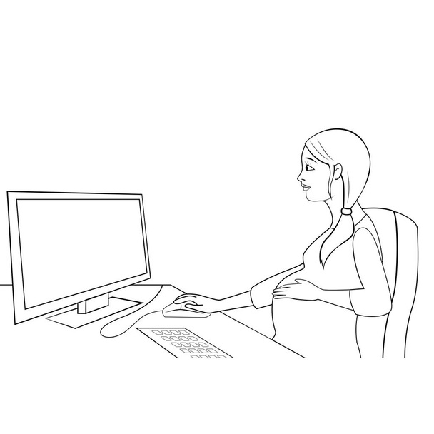 La mujer embarazada trabaja en la computadora. Ilustración vectorial en blanco y negro. Chica embarazada trabajando en la oficina. Embarazo
 - Vector, Imagen