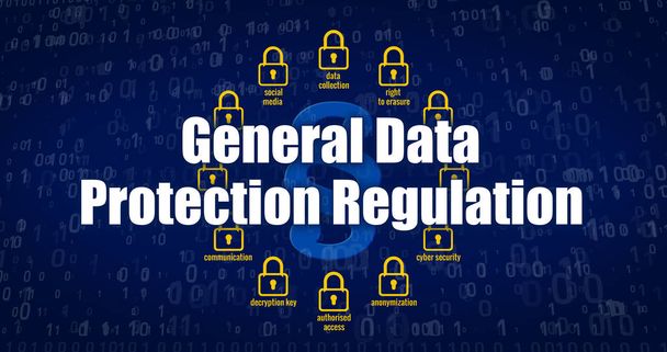 GDPR - General Data Protection Regulation, padlocks, paragraph symbol and cyber security keywords on blue digital background. 3D rendering concept. - Photo, Image