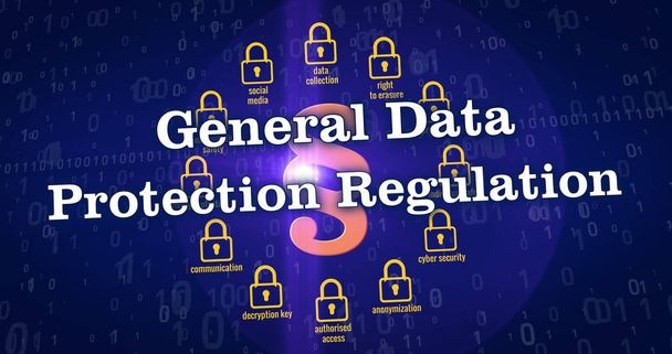 RGPD - Reglamento general de protección de datos, candados, símbolo de párrafo y palabras clave de seguridad cibernética sobre fondo digital azul. Concepto de renderizado 3D
. - Foto, imagen