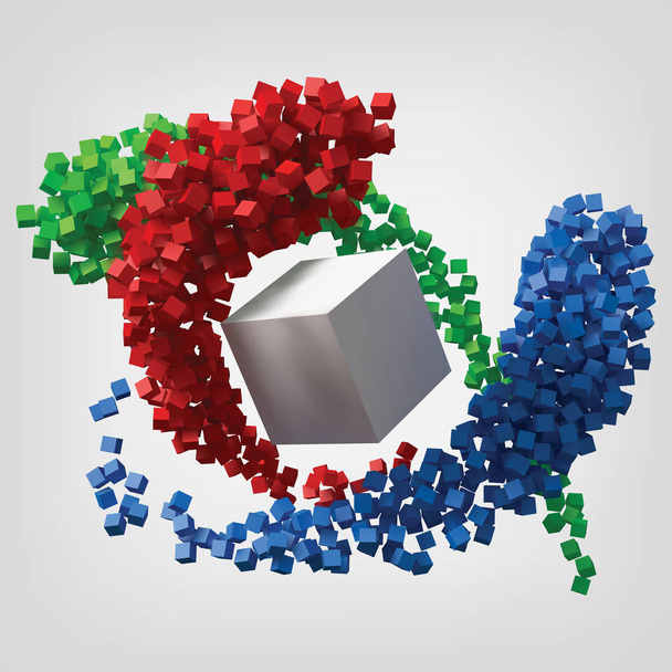 színes teory koncepció, vörös, zöld és kék kocka pályák keringő körül a nagy fehér kocka. 3D-s stílus vektoros illusztráció. - Vektor, kép