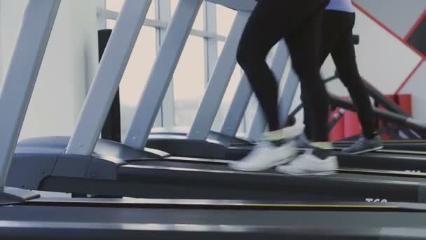Uma menina está andando em uma esteira em um clube de fitness
 - Filmagem, Vídeo