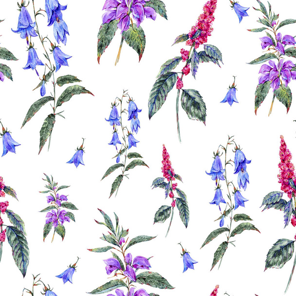 Watercolor summer seamless pattern of medicinal flowers - Фото, изображение