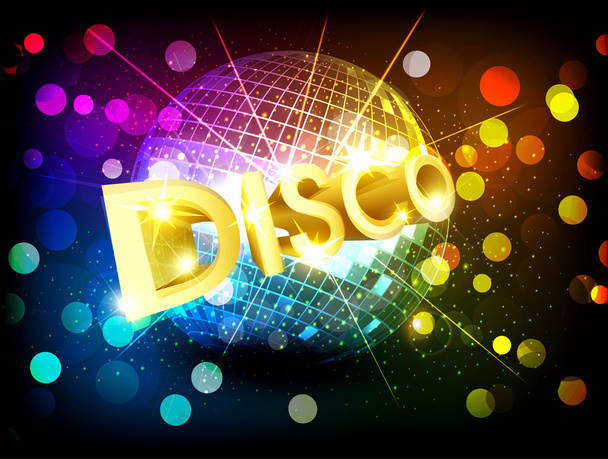 vector disco background with disco ball and gold lettering - Vetor, Imagem