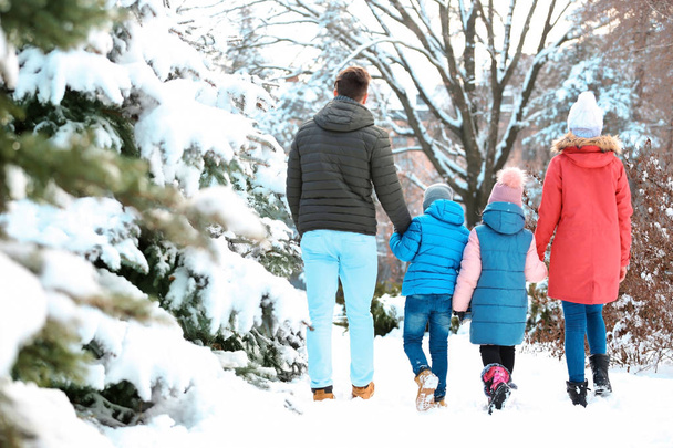 Happy family walking in winter park - 写真・画像
