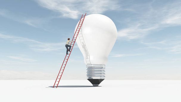 De man klimt op een ladder ondersteund door een grote lamp. Het concept van ascensie. Dit is een 3d render-illustratie. - Foto, afbeelding