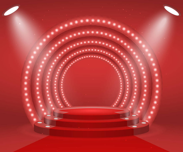 Stage with lights for awards ceremony. Illuminated Round Podium with red carpet. Pedestal - Vector, Imagen