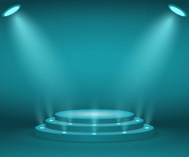 Stage with lights for awards ceremony. Illuminated Round Podium. Pedestal - Vector, Image