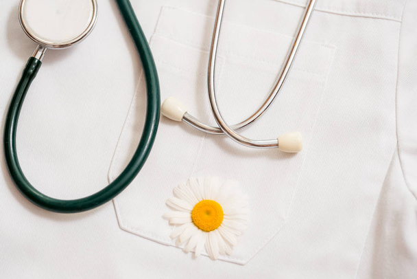 medical phonendoscope on a medical dressing gown. A daisy flower. Concept of health. - 写真・画像