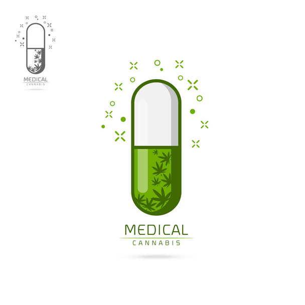 медицинский каннабис в зеленой капсуле эмблемы, этикетки, логотип набор векторных шаблонов
 - Вектор,изображение