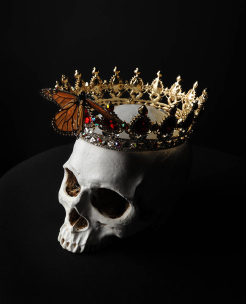 primer plano de un cráneo humano con una corona roja y dorada, con una mariposa real. sobre fondo de estudio negro
. - Foto, imagen
