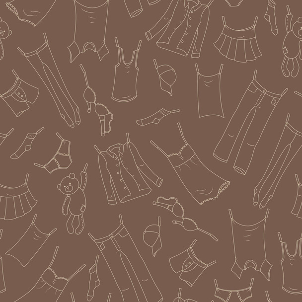 Бесшовный узор на тему стирки и чистоты, различная одежда, бежевый контур на коричневом фоне
 - Вектор,изображение