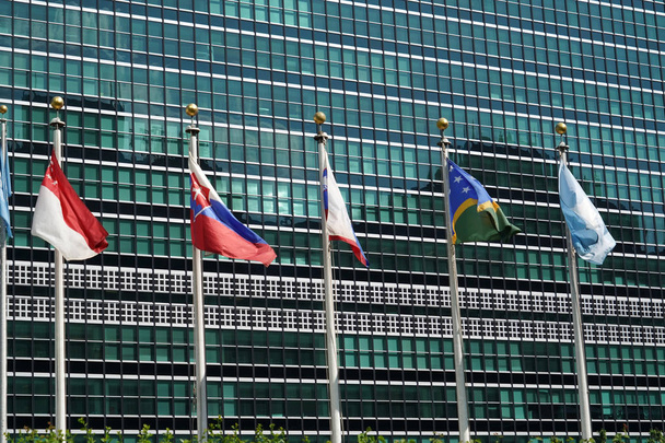 σημαίες ανεμίζουν εκτός των ΗΝΩΜΕΝΩΝ ΕΘΝΩΝ κτίριο στο Μανχάταν της Νέας Υόρκης - Φωτογραφία, εικόνα