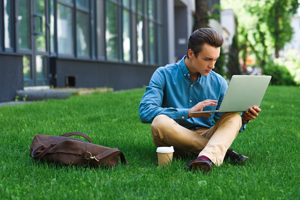 fokussierter junger Mann sitzt mit Laptop auf Gras - Foto, Bild