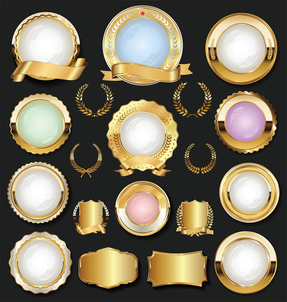 Golden retro labels badges frames and ribbons collection - Вектор,изображение