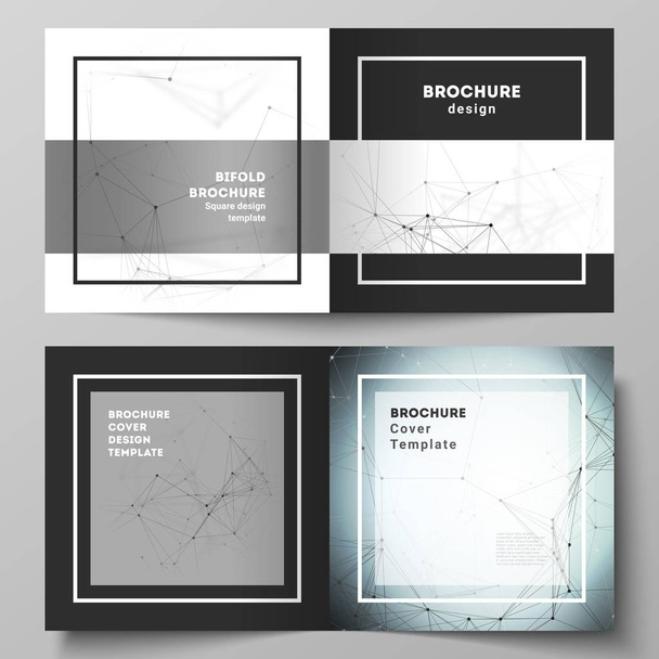 Black colored vector layout of two covers templates for square design bifold brochure, flyer. Technology, science, medical concept. Molecule structure, connecting lines and dots. Futuristic background - Vektori, kuva